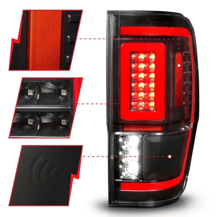 ANZO 19-22 Ford Ranger Full LED Taillights w/ Lightbar Sequential Signal Black Housing/Clear Lens - Bull Strap