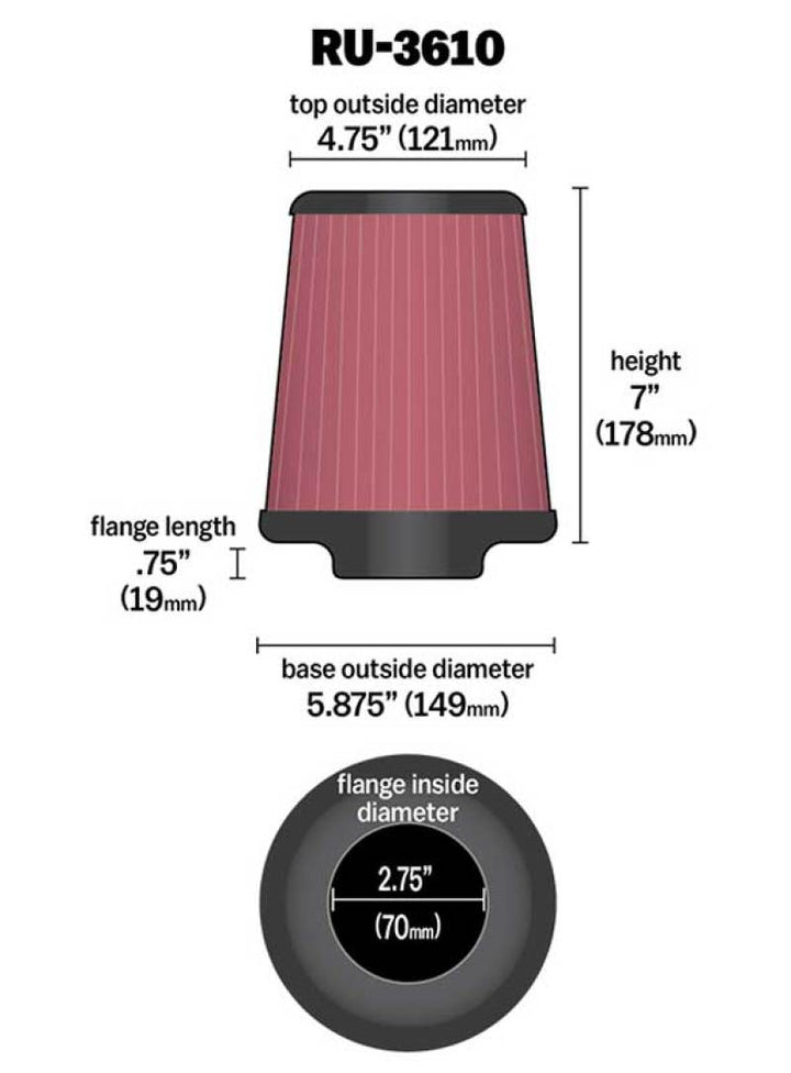 K&N Universal Rubber Filter 2.75in Flange ID x 5.875in Base OD x 4.75in Top OD x 7in Height - Bull Strap