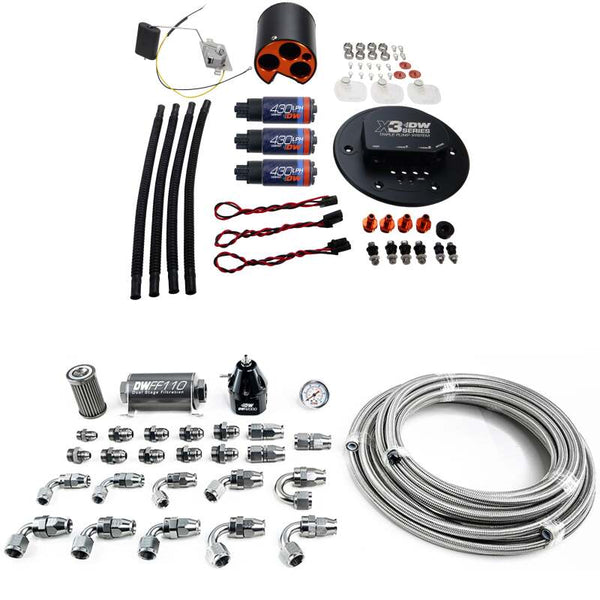 DeatschWerks 98-04 Ford Mustang X3 Module with DW430C Pump and Plumbing Kit - Bull Strap