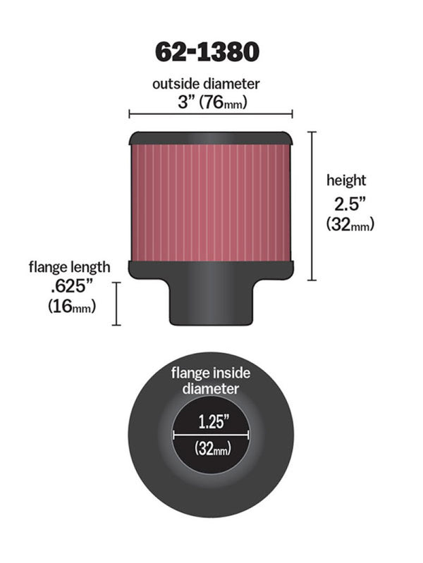 K&N 1.25in Flange ID x 3in OD x 2.5 inch H Rubber Base Crankcase Vent Filter - Bull Strap