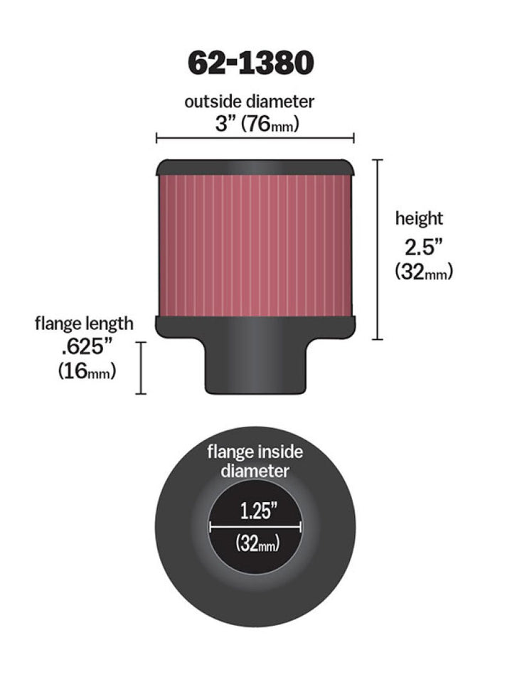 K&N 1.25in Flange ID x 3in OD x 2.5 inch H Rubber Base Crankcase Vent Filter - Bull Strap