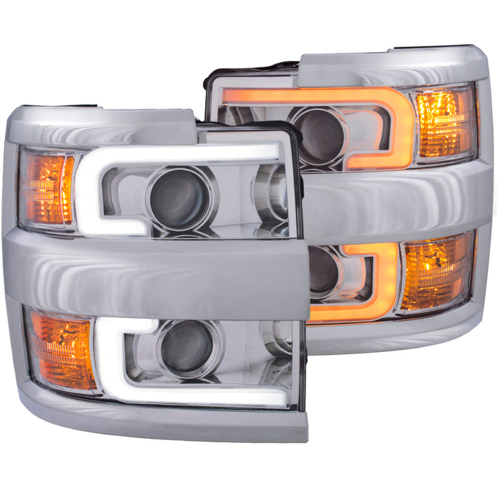 ANZO Projector Headlights 15-17 Chevrolet Silverado 2500HD / 3500HD Chrome w/ Chrome Rim - Bull Strap