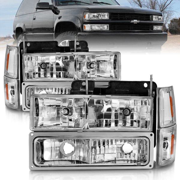 ANZO 88-98 Chevrolet C1500 Crystal Headlights Chrome w/ Signal and Side Marker Lights - Bull Strap