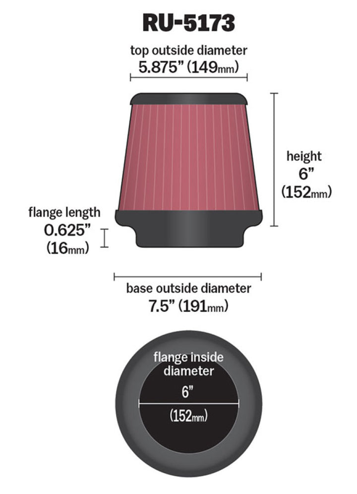 K&N Universal Clamp-On Air Filter 6in FLG / 7-1/2in B / 5-7/8in T / 6in H - Bull Strap