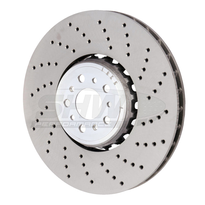 SHW 18-21 BMW M5 4.4L Right Front Cross-Drilled Lightweight Brake Rotor (34117991102) - Bull Strap