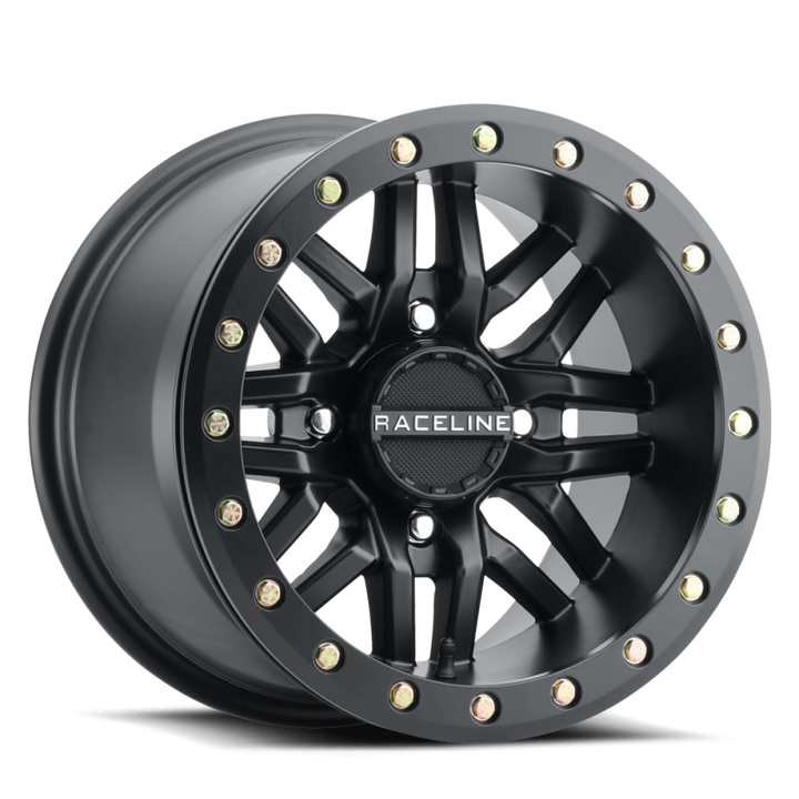 Raceline A91B Ryno 14x7in / 4x156 BP / 10mm Offset / 132.5mm Bore - Satin Black Beadlock Wheel - Bull Strap