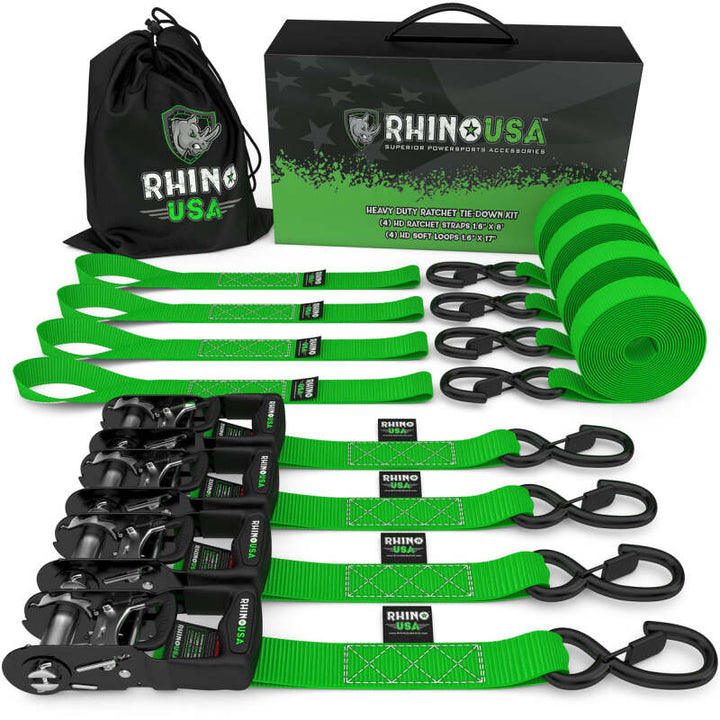 Rhino USA Heavy Duty Ratchet Tie-Down 4-Pack (Green) 1.6In X 8Ft - Bull Strap
