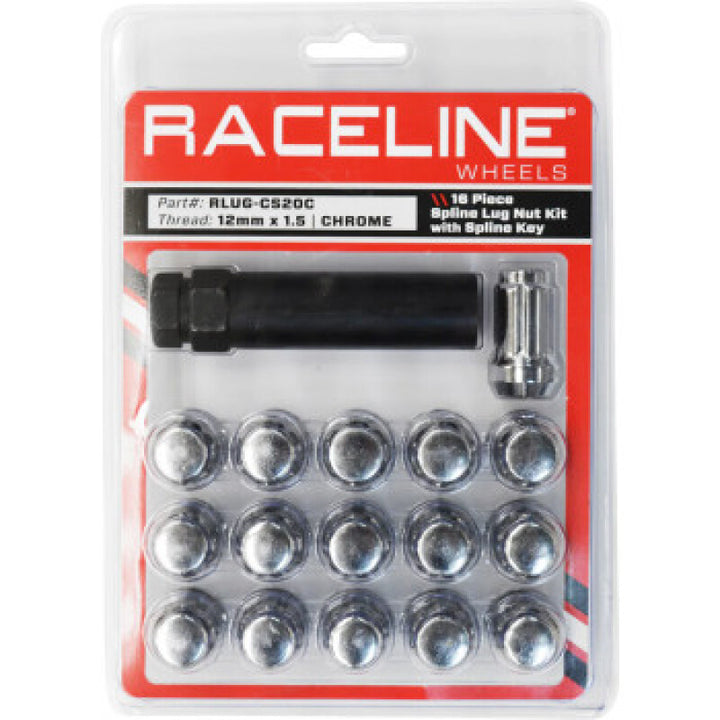 Raceline Spline Lug Nut Kit with Spline Key 12 x 1.5 - 16 Pack - Chrome - Bull Strap