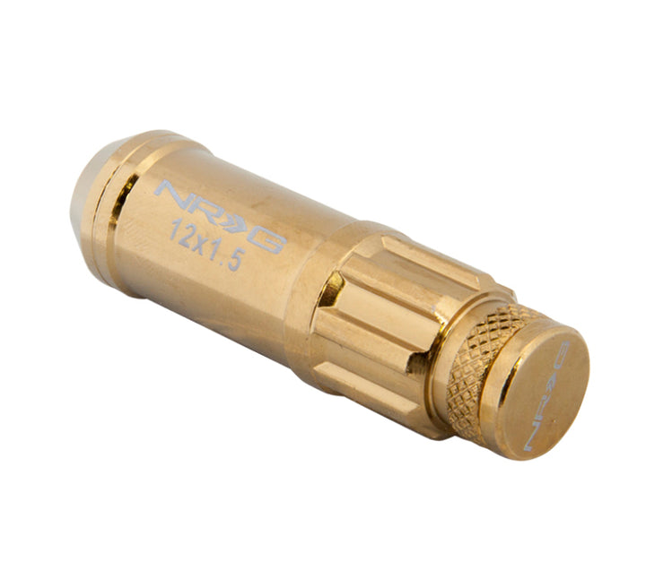 NRG 700 Series M12 X 1.5 Steel Lug Nut w/Dust Cap Cover Set 21 Pc w/Locks & Socket - Chrome Gold - Bull Strap