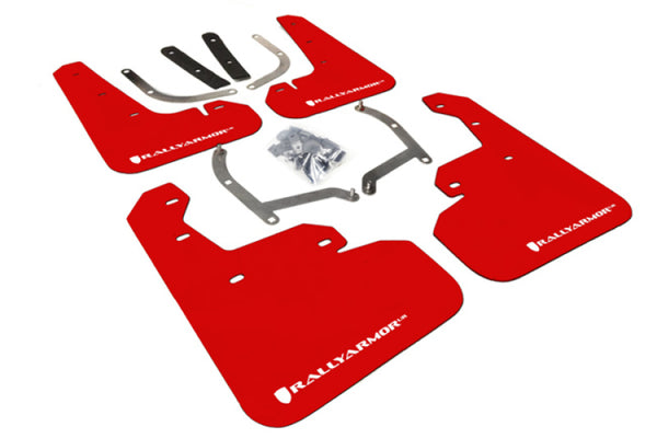 Rally Armor 17-23 Subaru Impreza 4D/5D Red UR Mud Flap w/White Logo - Bull Strap