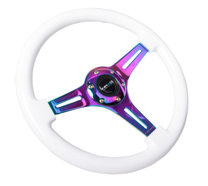 NRG Classic Wood Grain Steering Wheel (350mm) White Paint Grip w/Neochrome 3-Spoke Center - Bull Strap