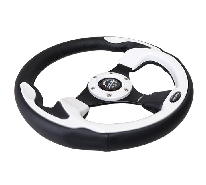 NRG Reinforced Steering Wheel (320mm) Blk w/White Trim & 4mm 3-Spoke - Bull Strap