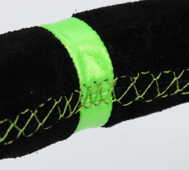 NRG Reinforced Steering Wheel 350mm/3in. Deep Blk Suede/ Neon Green Stitch w/5mm Matte Black Spoke - Bull Strap