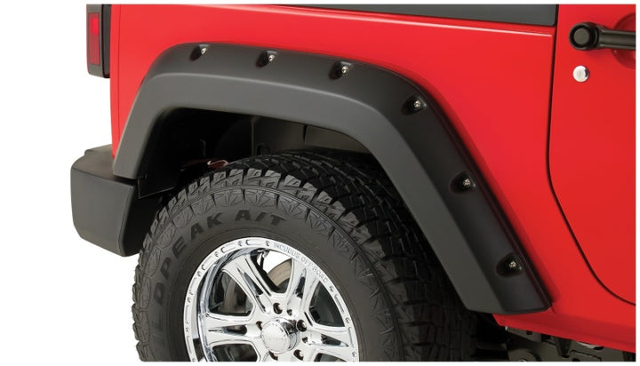 Bushwacker 07-18 Jeep Wrangler Pocket Style Flares 2pc Fits 2-Door Sport Utility Only - Black - Bull Strap