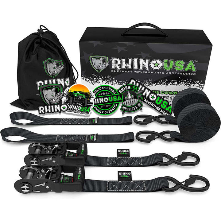 Rhino USA Heavy Duty Ratchet Tie-Downs 2-Pack (Black) 1.6In X 8Ft - Bull Strap