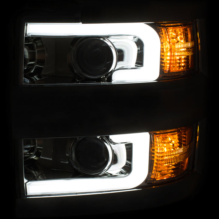 ANZO Projector Headlights 15-17 Chevrolet Silverado 2500HD / 3500HD Chrome w/ Chrome Rim - Bull Strap