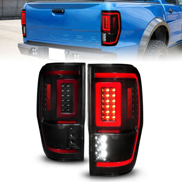 ANZO 19-22 Ford Ranger Full LED Taillights w/ Lightbar Sequential Signal Black Housing/Smoke Lens - Bull Strap