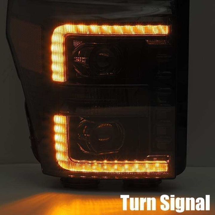 AlphaRex 11-16 Ford F-350 SD LUXX LED Proj Headlights Plank Style Black w/Activ Light/Seq Signal - Bull Strap