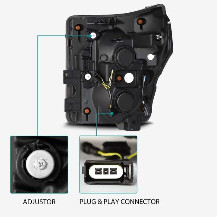AlphaRex 11-16 Ford F-350 SD LUXX LED Proj Headlights Plank Style Black w/Activ Light/Seq Signal - Bull Strap