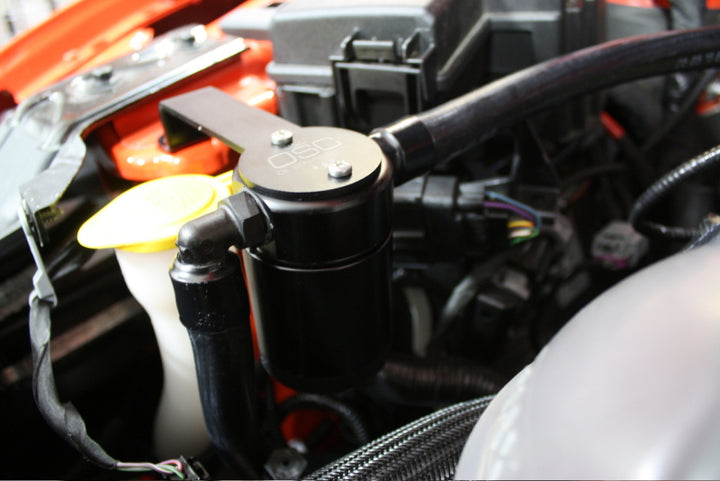 J&L 15-23 Ford Mustang GT/15-20 Ford Mustang GT350 Passenger Side Oil Separator 3.0 - Black Anodized - Bull Strap