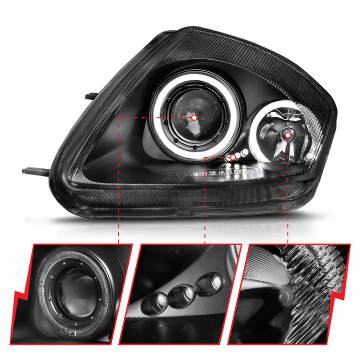 ANZO 2000-2005 Mitsubishi Eclipse Projector Headlights w/ Halo Black - Bull Strap