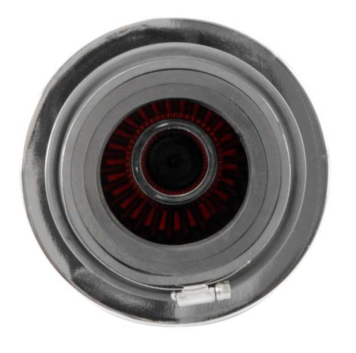 K&N Universal Air Filter Chrome Round Tapered Red - 4in Flange ID x 1.125in Flange Length x 9.5in H - Bull Strap