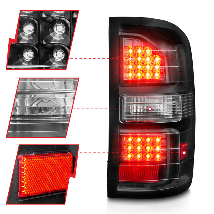 ANZO 2014-2018 GMC Sierra LED Tail Lights Black Housing Clear Lens - Bull Strap