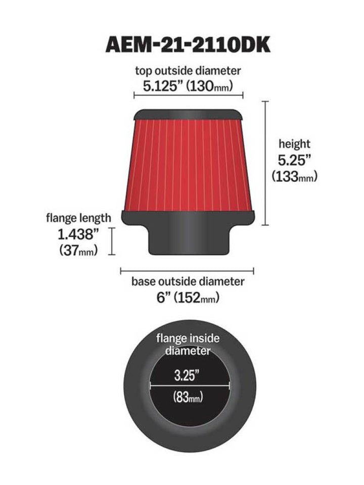 AEM 3.25 in DRY Flow Short Neck 5 in Element Filter - Bull Strap