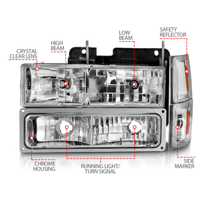 ANZO 88-98 Chevrolet C1500 Crystal Headlights Chrome w/ Signal and Side Marker Lights - Bull Strap