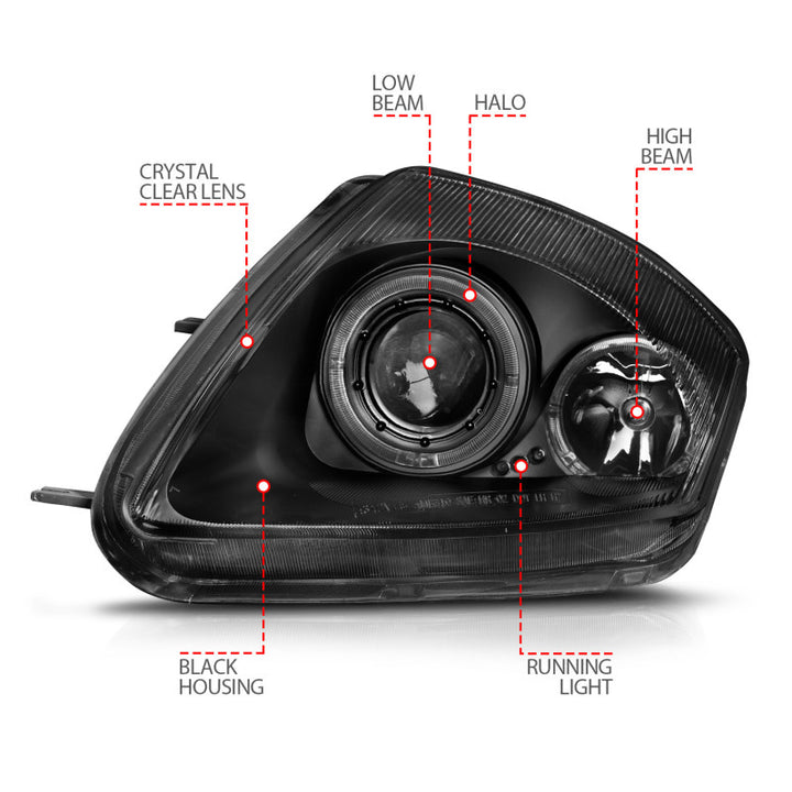 ANZO 2000-2005 Mitsubishi Eclipse Projector Headlights w/ Halo Black - Bull Strap