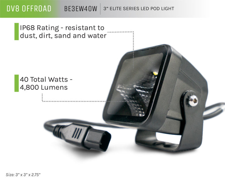 DV8 Offroad 3in Cube LED Light 40W Pod Light 5W LED - Bull Strap