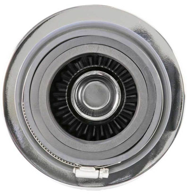 K&N Universal Filter Chrome Round Tapered White - 4in Flange ID x 1.125in Flange Length x 5.5in H - Bull Strap
