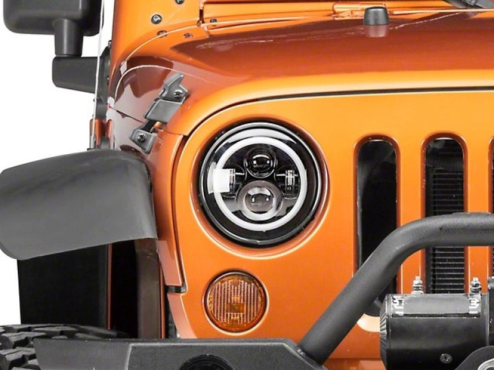 Raxiom 97-18 Jeep Wrangler TJ/JK Axial Halo Headlights w/ DRL Amber Signals- Blk Hsng (Clear Lens) - Bull Strap