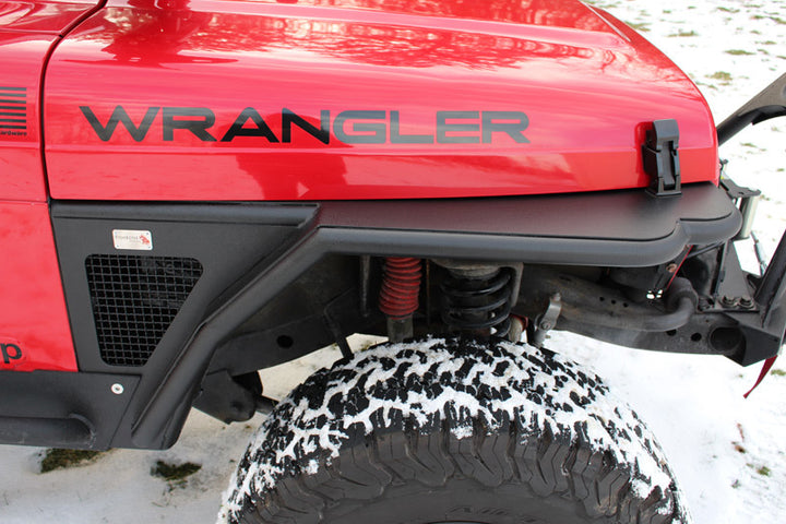 Fishbone Offroad 97-06 Jeep Wrangler TJ Steel Tube Fenders Front 3In Flare - Blk Textured Powdercoat - Bull Strap