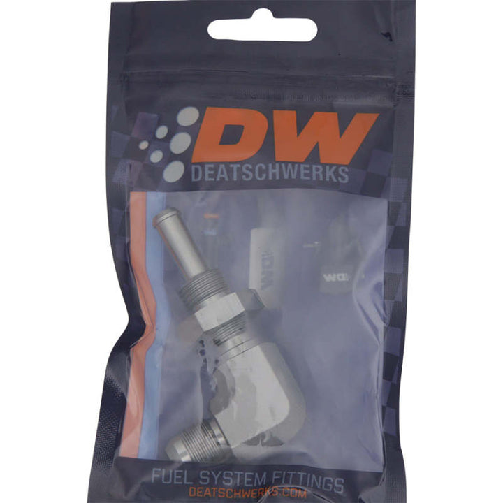 DeatschWerks 6AN Male Flare To 5/16in. Male Barb Bulkhead Adapter 90-Degree (Incl. Nut) - Bull Strap