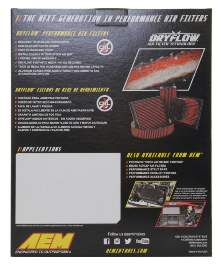 AEM 2019 Chevrolet Silverado 1500 V8-5.3L F/I DryFlow Air Filter - Bull Strap