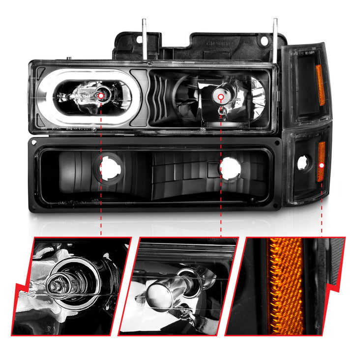 ANZO 88-98 Chevrolet C1500 Crystal Headlights Black Housing w/ Signal and Side Marker Lights - Bull Strap