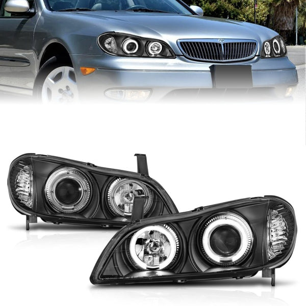 ANZO 2000-2004 Infiniti I30 Projector Headlights w/ Halo Black - Bull Strap