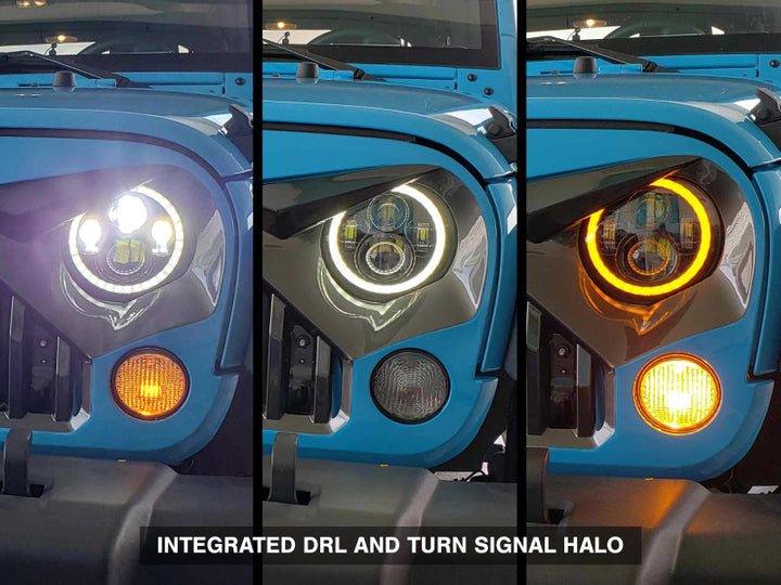 Raxiom 97-18 Jeep Wrangler TJ/JK Axial Halo Headlights w/ DRL Amber Signals- Blk Hsng (Clear Lens) - Bull Strap