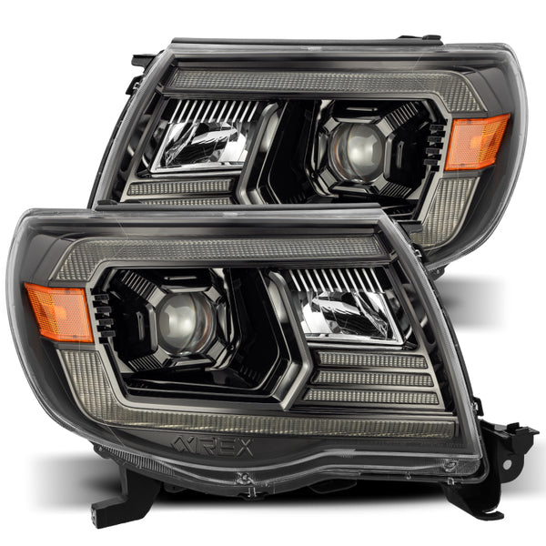 AlphaRex 05-11 Toyota Tacoma LUXX LED Projector Headlights Plank Style Alpha Black w/Activ Light/DRL - Bull Strap