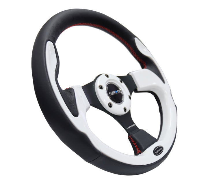 NRG Reinforced Steering Wheel (320mm) Blk w/White Trim & 4mm 3-Spoke - Bull Strap