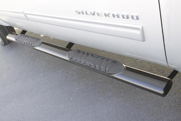 Lund 07-17 Chevy Silverado 1500 Ext. Cab 5in. Oval Straight SS Nerf Bars - Polished - Bull Strap