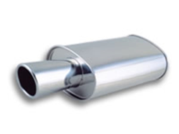 Vibrant StreetPower Turbo Oval Muffler with 4in Round Tip Angle Cut Rolled Edge - 3in inlet I.D. - Bull Strap