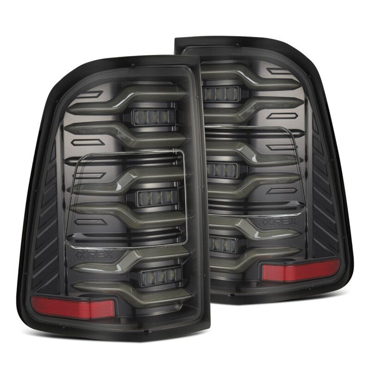 AlphaRex 19-21 Dodge Ram 1500 Luxx-Series LED Tail Lights Alpha-Black w/Activ Light/Seq Signal - Bull Strap