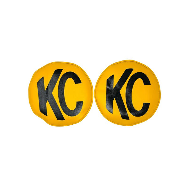 KC HiLiTES Retro 8in Round Yellow Vinyl Light Cover w/ Black KC Logo (Pair) - Bull Strap