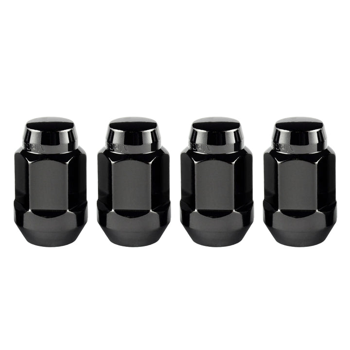 McGard Hex Lug Nut (Cone Seat Bulge Style) M14X1.5 / 22mm Hex / 1.635in. Length (4-Pack) - Black - Bull Strap
