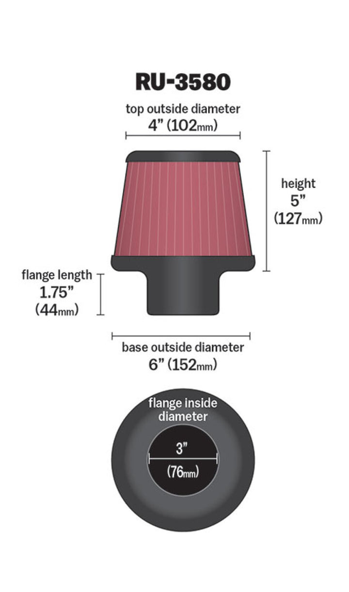 K&N Filter Universal Rubber Filter 3 Inch Flange 6 inch Base 4 inch Top 5 inch Height - Bull Strap