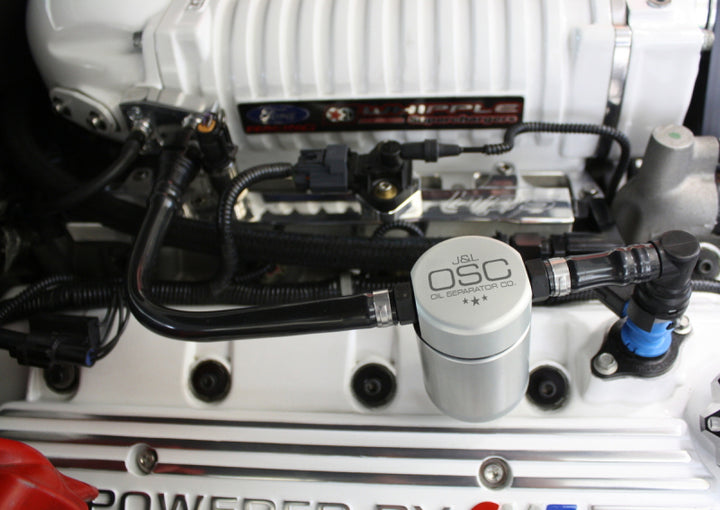 J&L 07-14 Ford Mustang GT500 Passenger Side Oil Separator 3.0 - Clear Anodized - Bull Strap
