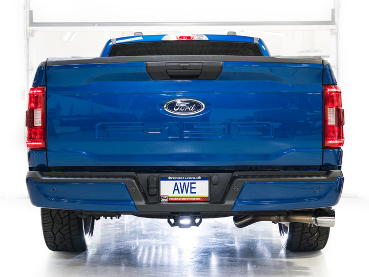 AWE 21-25 Ford F150 (14th Gen Reg Cab) Cat-Back Exhaust - 4.5in Dual Side Exit Chrome Tips - Bull Strap