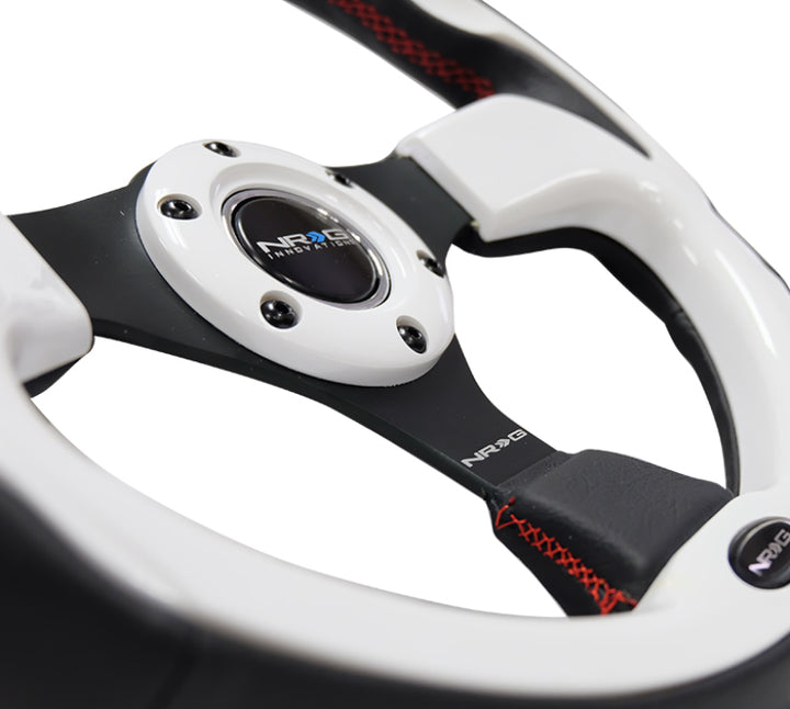 NRG Reinforced Steering Wheel (320mm) Blk w/White Trim & 4mm 3-Spoke - Bull Strap